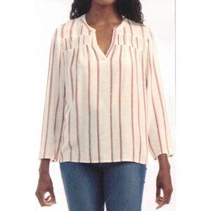 Splendid Ladies' V-Neck 85% Rayon Blouse. Loose Fit (Pink Stripe, Small)